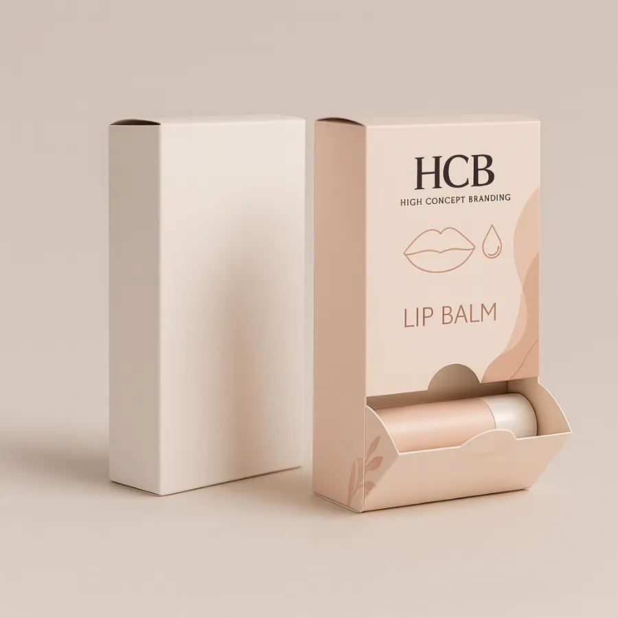 A tall peach box with a pull-out drawer displaying a lip balm tube inside- class=